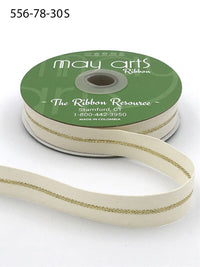 7/8 Inch Canvas with Woven Metallic Center Line Ribbon with Woven Edge – 556-78-30S NATURAL/GOLD (ONE STRIPE)