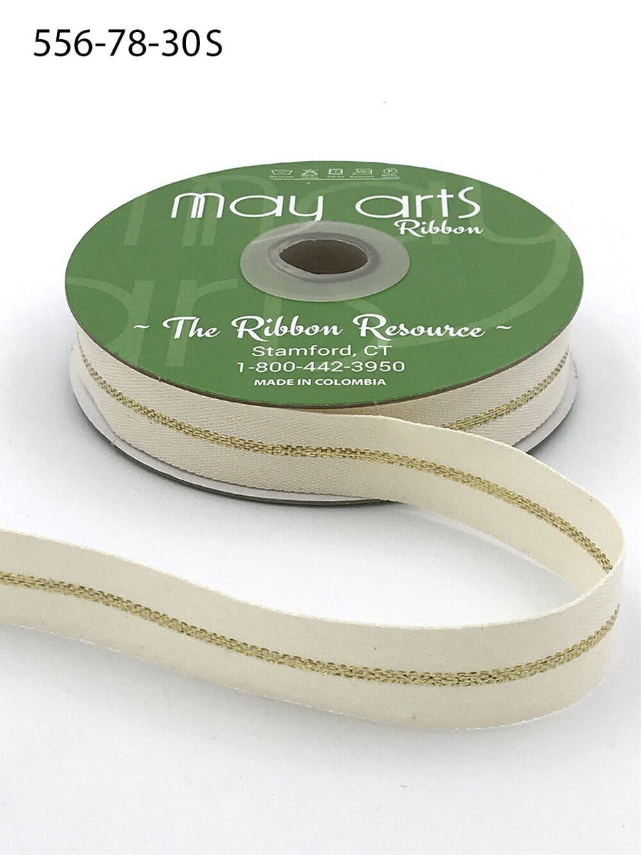 7/8 Inch Canvas with Woven Metallic Center Line Ribbon with Woven Edge – 556-78-30S NATURAL/GOLD (ONE STRIPE)