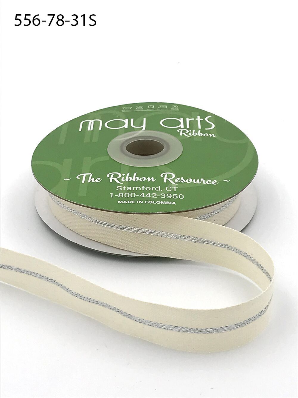 7/8 Inch Canvas with Woven Metallic Center Line Ribbon with Woven Edge – 556-78-31S NATURAL/SILVER (ONE STRIPE)