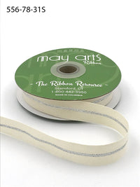 7/8 Inch Canvas with Woven Metallic Center Line Ribbon with Woven Edge – 556-78-31S NATURAL/SILVER (ONE STRIPE)