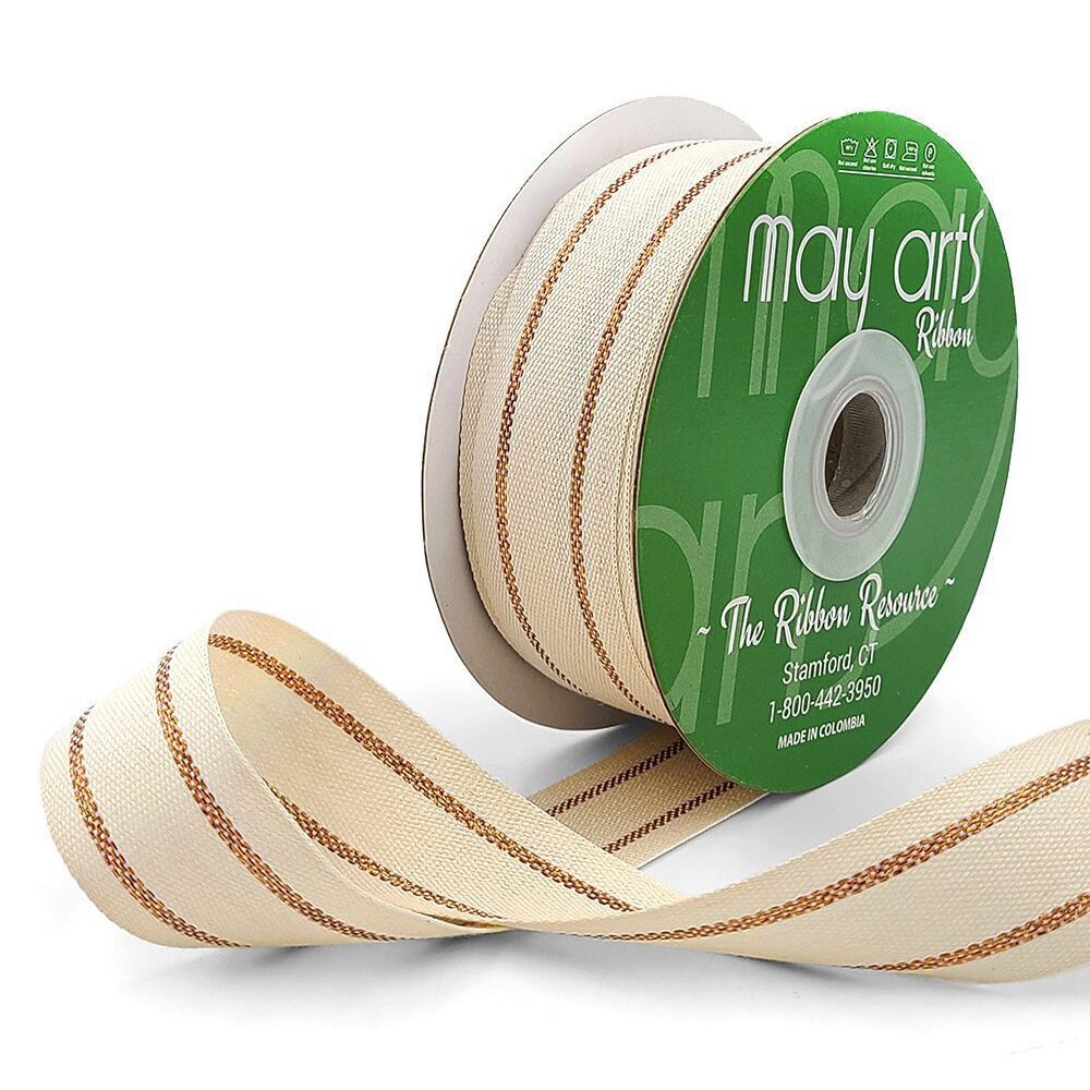 ~1 1/8 Inch White Canvas with Woven Metallic Center Lines Ribbon – 557-118-20 COPPER LINES