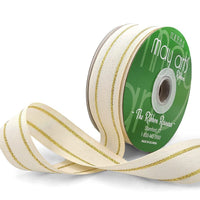 ~1 1/8 Inch White Canvas with Woven Metallic Center Lines Ribbon – 557-118-30 GOLD LINES