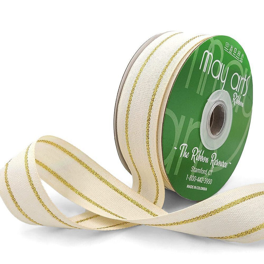 ~1 1/8 Inch White Canvas with Woven Metallic Center Lines Ribbon – 557-118-30 GOLD LINES