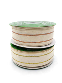 ~1 1/8 Inch White Canvas with Woven Metallic Center Lines Ribbon