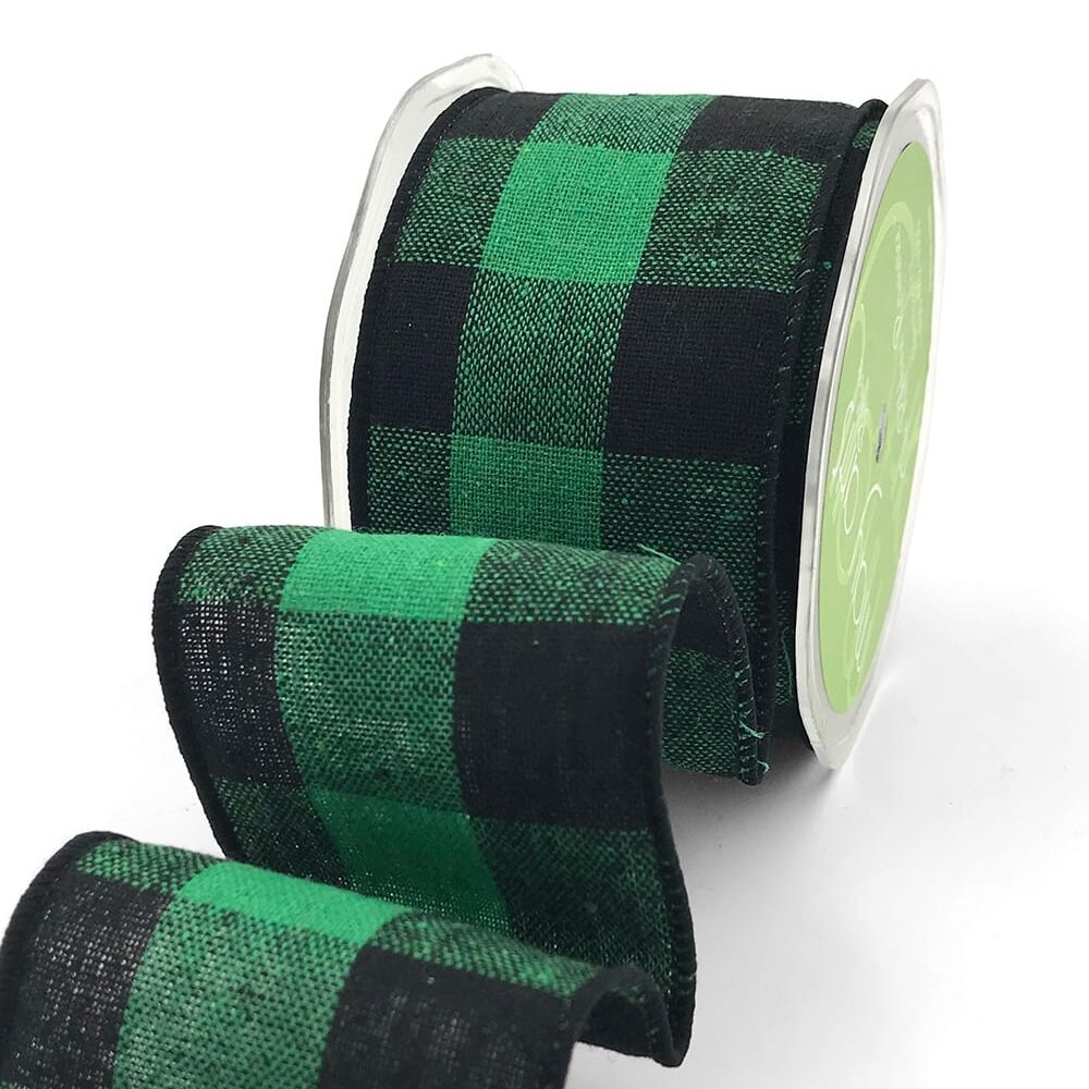 2.5 Inch Buffalo Check Ribbon with Wired Edge – 558-25-15N Green/Black