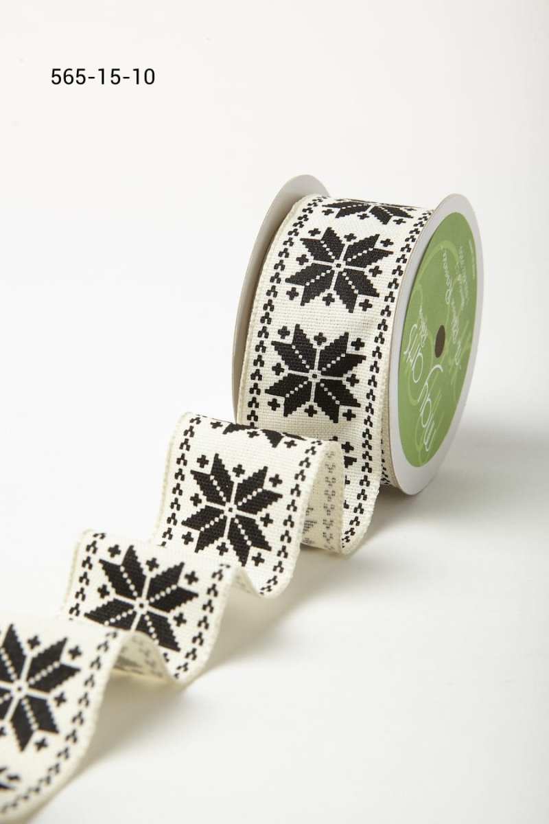 1.5 Inch Scandinavian-Inspired Snowflake Print Ribbon with Wired Woven Edge – 565-15-10 Black