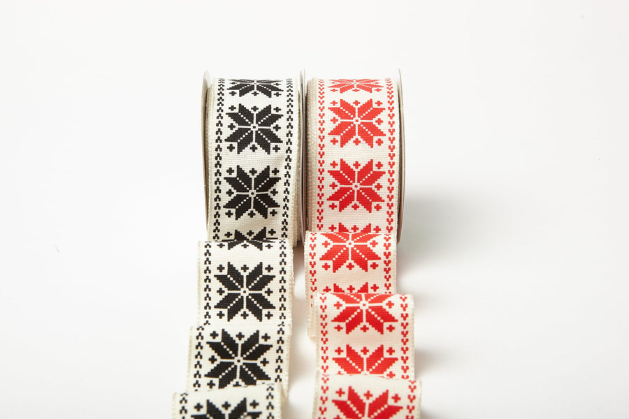 1.5 Inch Scandinavian-Inspired Snowflake Print Ribbon with Wired Woven Edge
