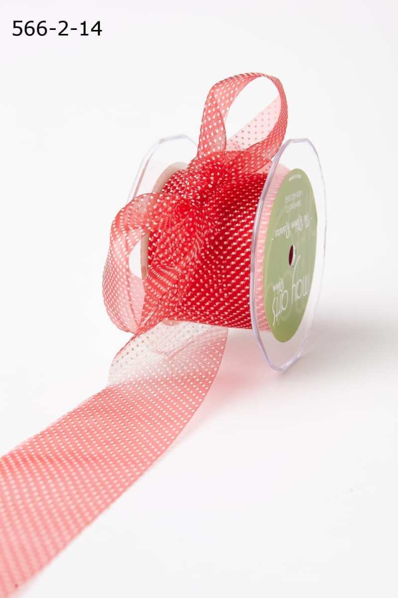2 Inch Shimmer Sheer Mini White Dot Ribbon with Cut Edge – 566-2-14 RED/WHITE