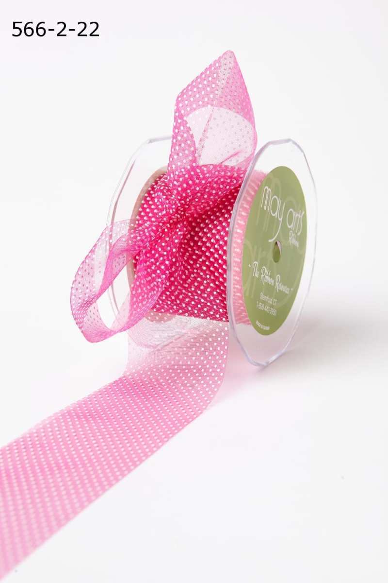 2 Inch Shimmer Sheer Mini White Dot Ribbon with Cut Edge – 566-2-22 FUCHSIA/WHITE