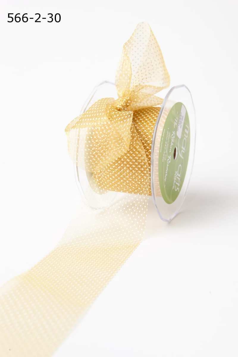 2 Inch Shimmer Sheer Mini White Dot Ribbon with Cut Edge – 566-2-30 GOLD/WHITE