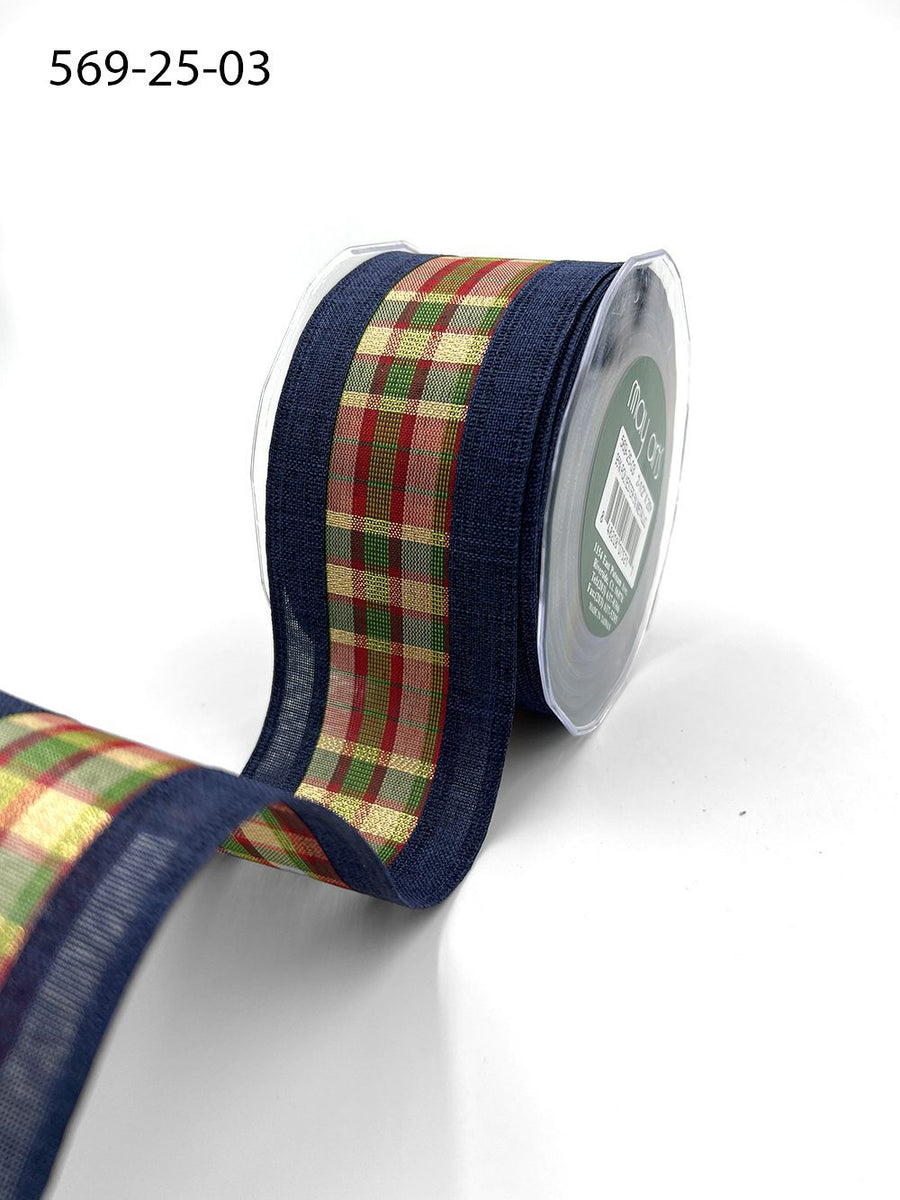 2.5 Inch Metallic Tartan Plaid Center Ribbon with Wired Woven Edge – 569-25-03 NAVY