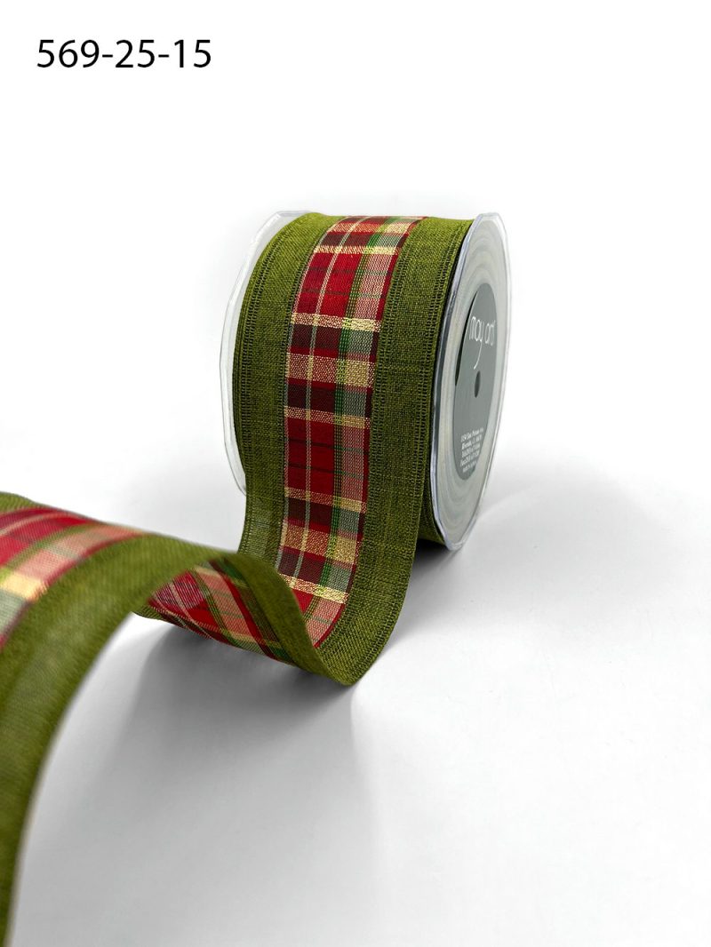 2.5 Inch Metallic Tartan Plaid Center Ribbon with Wired Woven Edge – 569-25-15 GREEN