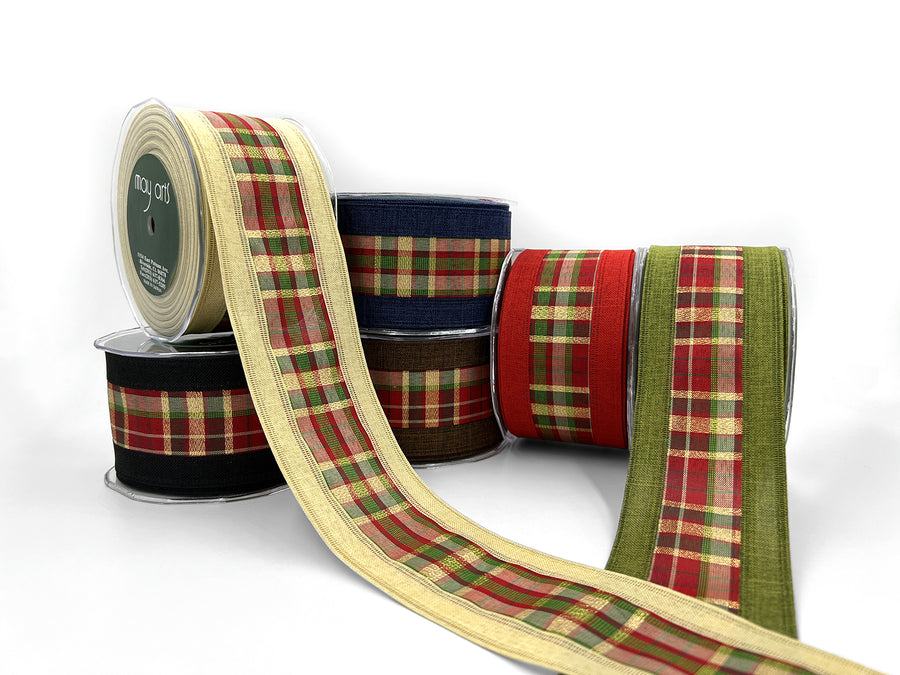 2.5 Inch Metallic Tartan Plaid Center Ribbon with Wired Woven Edge
