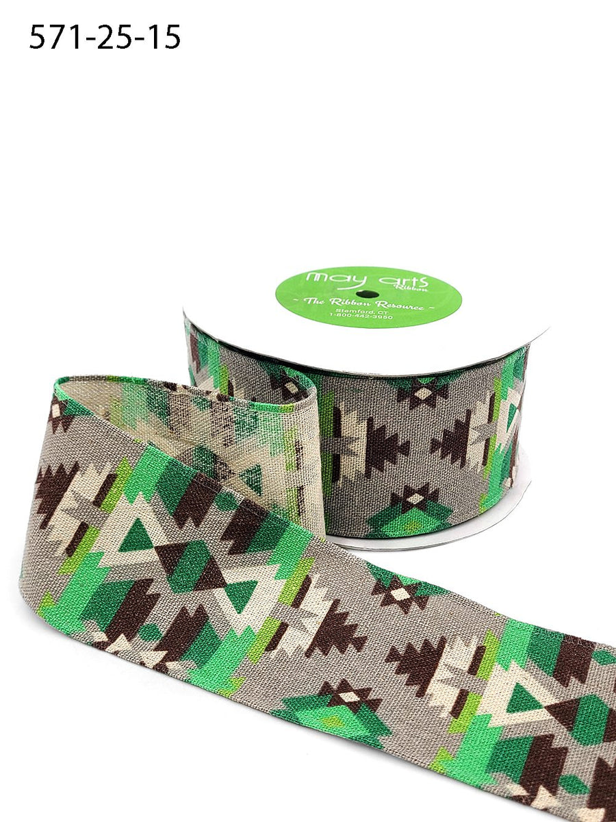 2.5 Inch Southwestern Graphic Pattern Print Ribbon with Wired Edge – 571-25-15 green