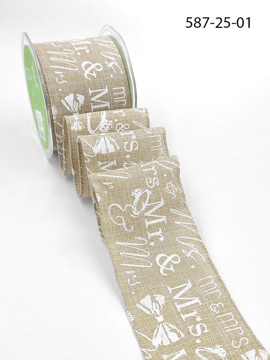 2.5 Inch Mr. & Mrs. Ring Bow Tie White Print Natural Ribbon with Wired Edge
