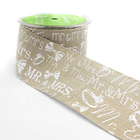 2.5 Inch Mr. & Mrs. Ring Bow Tie White Print Natural Ribbon with Wired Edge – 587-25-01 NATURAL/WHITE