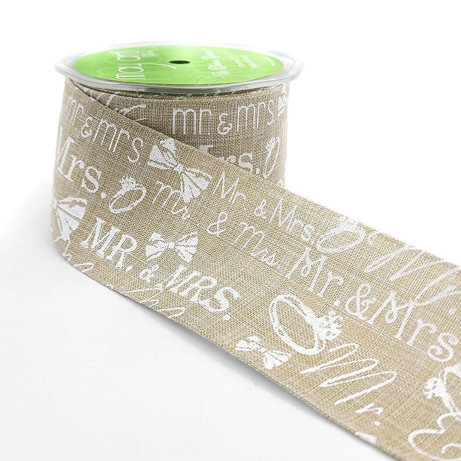 2.5 Inch Mr. & Mrs. Ring Bow Tie White Print Natural Ribbon with Wired Edge – 587-25-01 NATURAL/WHITE