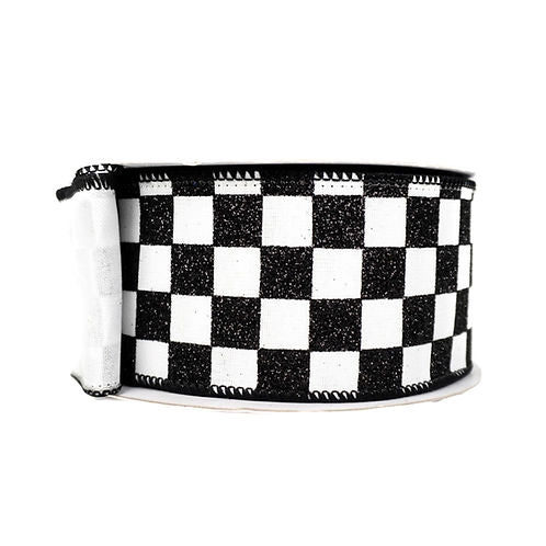 RIBBON 2.5" X 10YDS GLITTER CHECKS BLACK AND WHITE