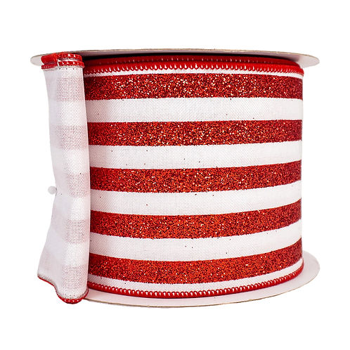 RIBBON 4" X 10YDS GLITTER THIN STRIPES RED AND WHITE