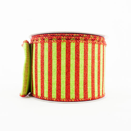 RIBBON 2.5" X 10YDS STRIPE GLITTER LIME GREEN AND RED