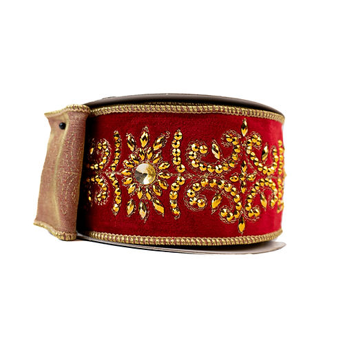 RIBBON 2.5" X 10YDS JEWELED DAMASK RED AND GOLD