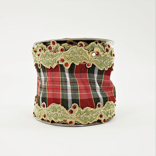 RIBBON HOLLY TRIM 4"X5D GREEN AND RED