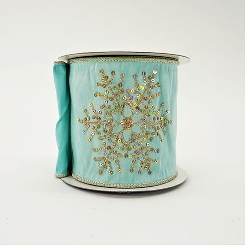 RIBBON SEQUIN SNOWFLKE 4X5YDS AQUA