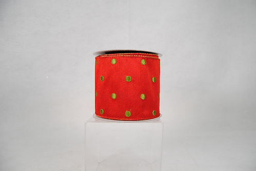 RIBBON EMB POLKA DOT 4X10 GRN/RED