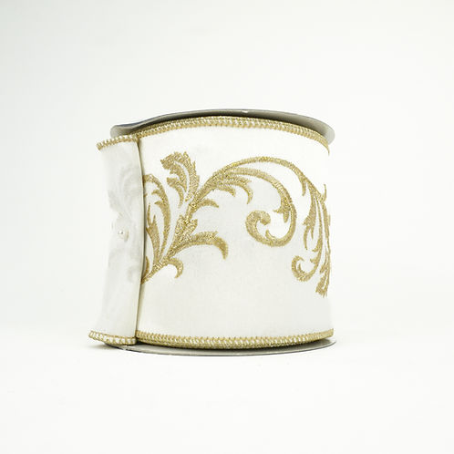 RIBBON 4" X 10YDS EMBRODERY ACANTHUS IVORY AND GOLD
