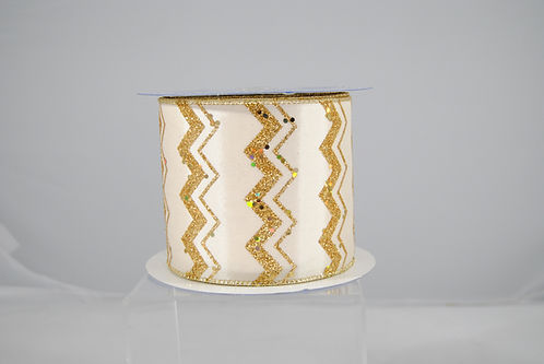 RIBBON 4X10YDS GLITTER CHEVRON GOLD AND IVORY