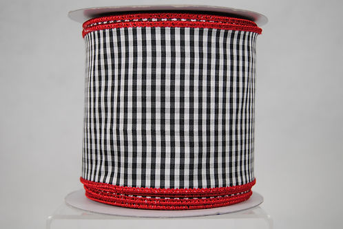 RIBBON 4X10YDS BLACK AND WHITE GINGHAM CHECKS ON WIRE-EDGED RED