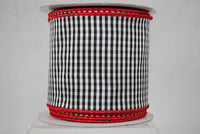 RIBBON 4X10YDS BLACK AND WHITE GINGHAM CHECKS ON WIRE-EDGED RED