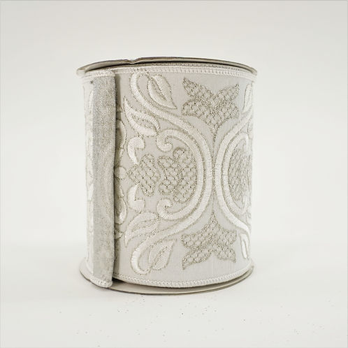 RIBBON EMBROIDERY DAMASK 4inX5yd IVORY AND SILVER