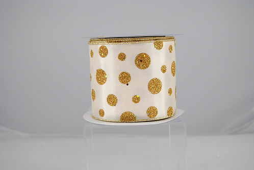 RIBBON 4X10YDS GLITTER FANCY DOTS GOLD AND IVORY
