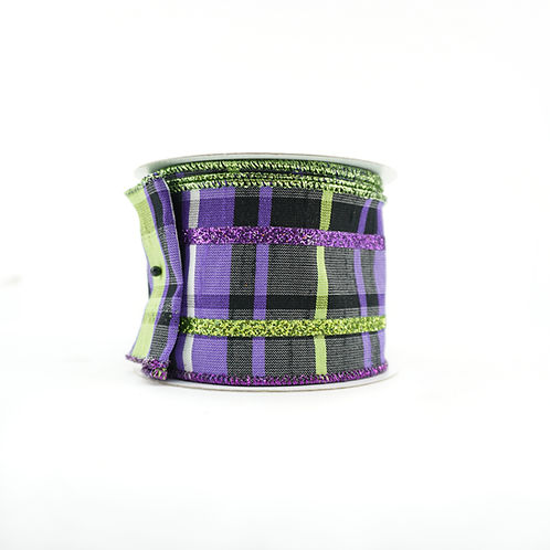RIBBON 2.5" X 10YDS DUPIONI PLAID GLITTER PURPLE AND LIME