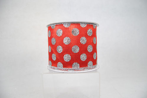 RIBBON GLITTER POLKA DOTS 4X10YDS RED AND SILVER