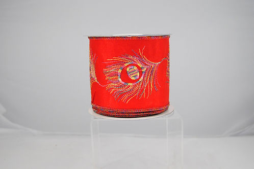 RIBBON PEACOCK EMB 4X10 RED