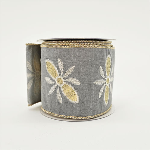 RIBBON EMBROIDERY DUPION 4in x 10yd SILVER AND GOLD