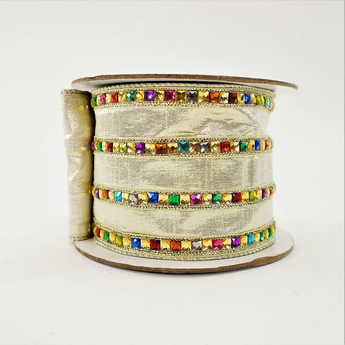 RIBBON RAINBOW JEWEL 4"X5YD PLATNIUM