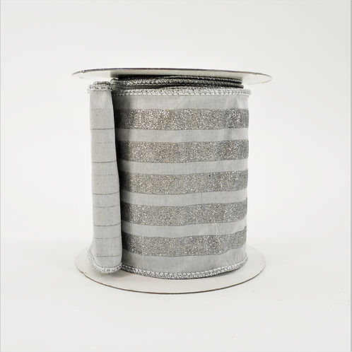 RIBBON LUREX STRIPE 4"X5YD GRAY AND SILVER GLITTER