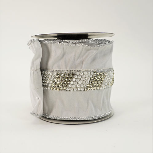 RIBBON JEWEL PEARL TRIM 4"X5YD SILVER