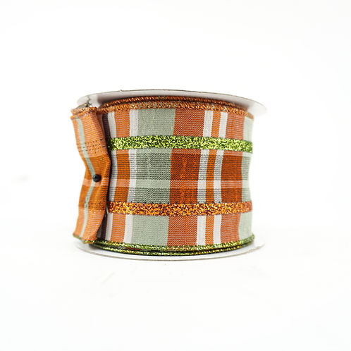 RIBBON 2.5" X 10YDS DUPIONI PLAID GLITTER COPPER AND LIME