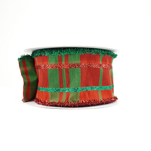 RIBBON 2.5" X 10YDS DUPIONI PLAID TINSEL WITH GREEN AND RED