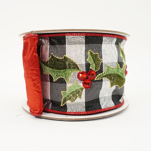 RIBBON METALLIC HOLLY CHECKS 4X10YDS BLACK AND RED