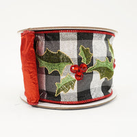 RIBBON METALLIC HOLLY CHECKS 4X10YDS BLACK AND RED