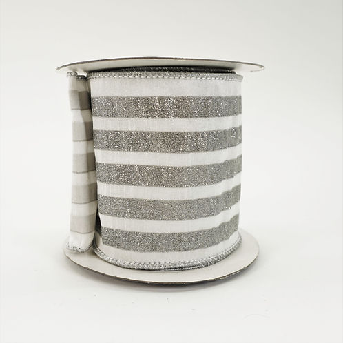 RIBBON LUREX STRIPE 4"X5YD WHITE AND SILVER GLITTER