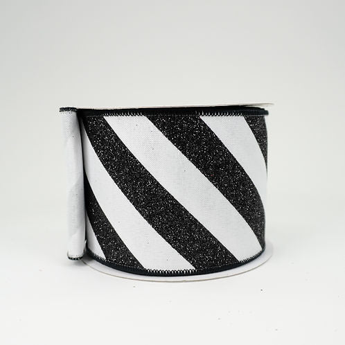 RIBBON GLITTER CANDY STRIPES 4X10YDS BLACK AND WHITE