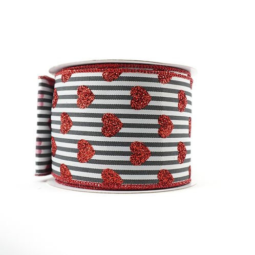 RIBBON 2.5" X 10YDS STRIPES GLITTER SMALL HEARTS RED