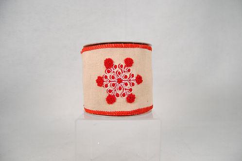 RIBBON 4X5YDS EMBROIDER SNOWFLAKE NATURAL