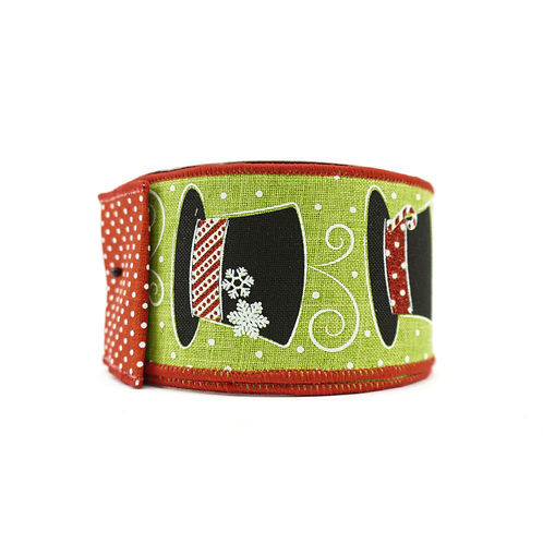 RIBBON 2.5X10YDS SNOWMAN HAT GREEN AND RED